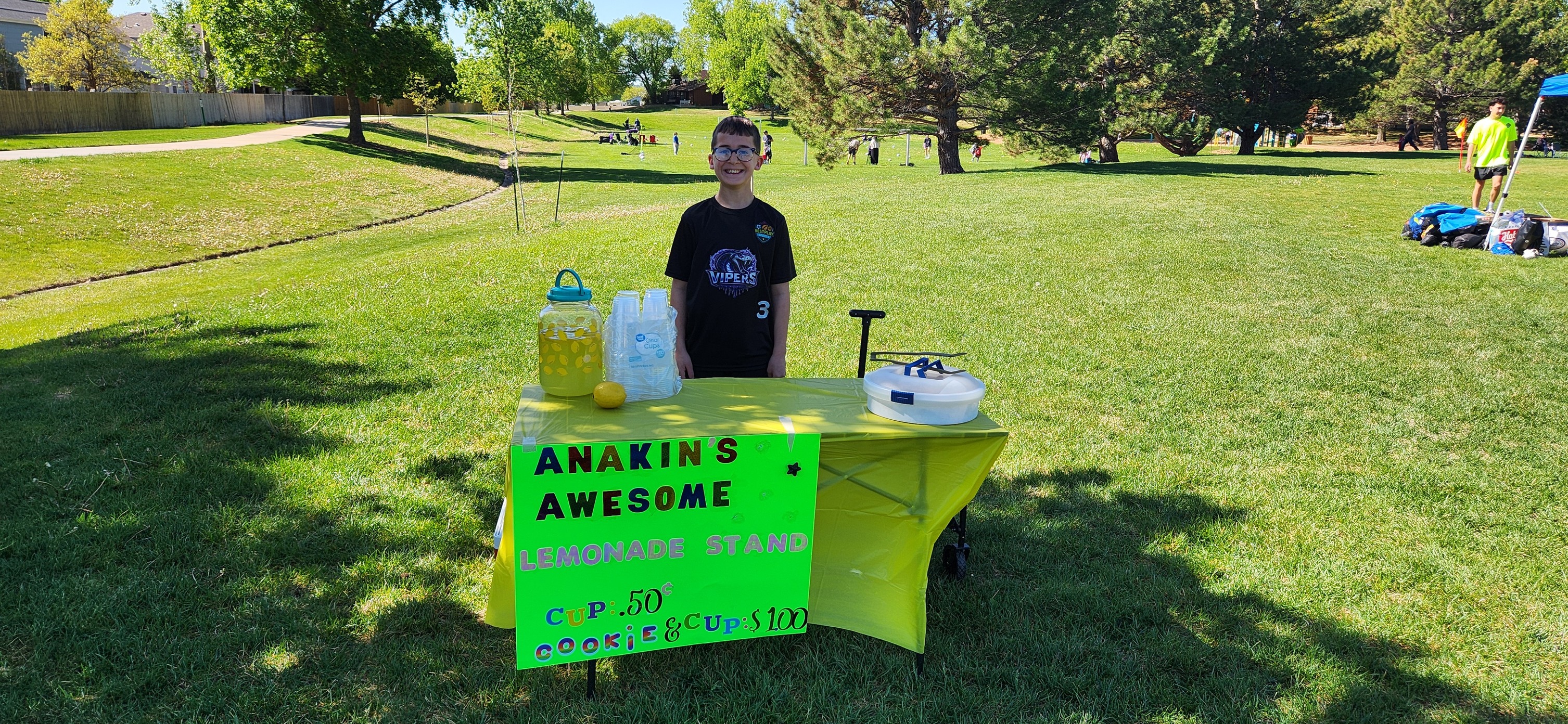 Anakin smiling behind his lemonade stand in a sunny green park